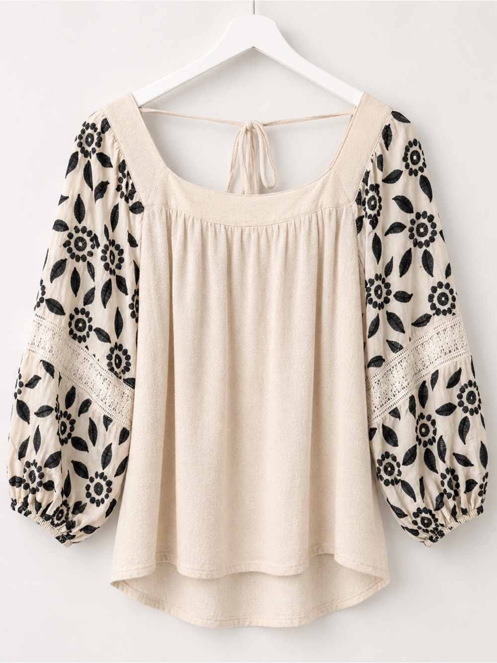 gimmicks by BKE Cream Peasant Blouse with Black Floral Embroidered Sleeves